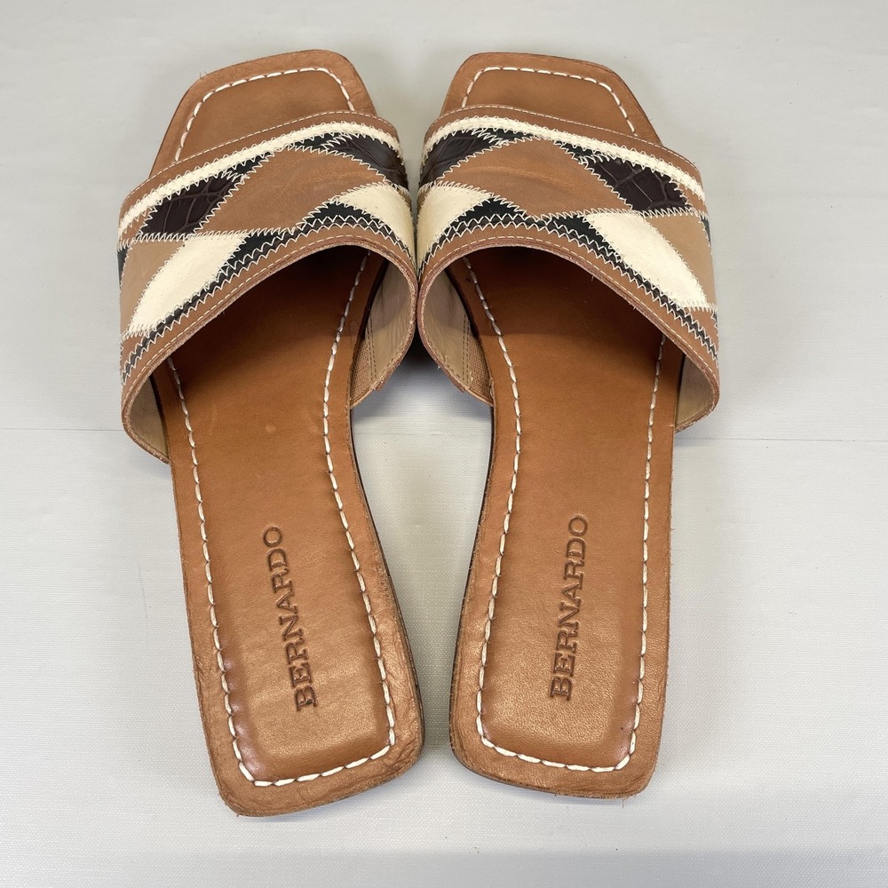 Bernardo Shoes Womens Size 10 M Brown Patchwork Leather Slide Sandals Square Toe - Picture 6 of 11